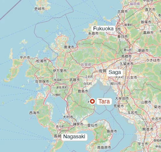 Map of northwest Kyushu showing Tara on the Ariake Sea, midway between Fukuoka and Nagasaki
